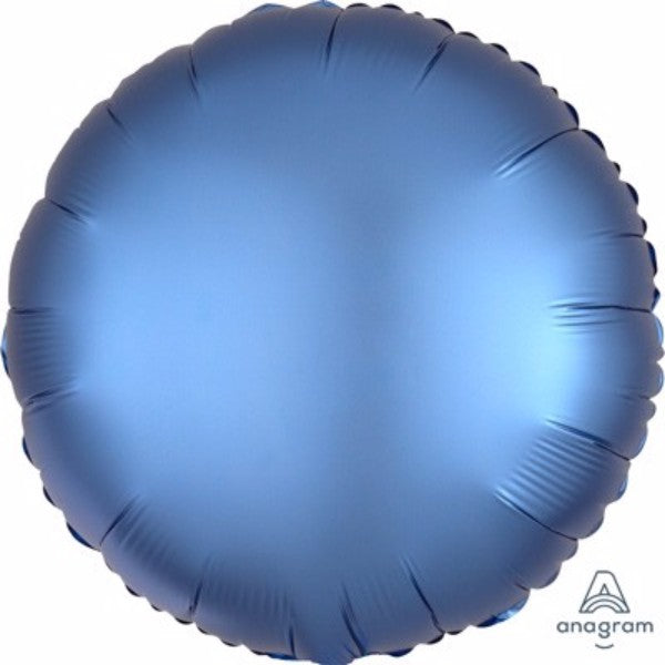 Round azure blue satin luxe foil balloon ideal for elegant celebrations, self-sealing and long-lasting with a beautiful sheen.