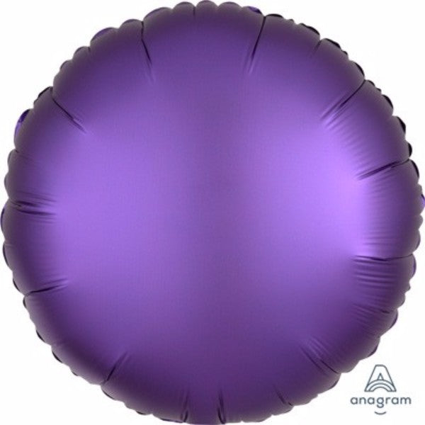 45cm round purple satin luxe foil balloon, self-sealing, perfect for parties and events, elegant decoration detail.