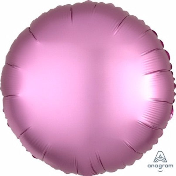 45cm round flamingo pink satin luxe foil balloon, perfect for celebrations like birthdays or baby showers.