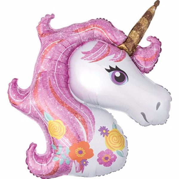 Vibrant unicorn head foil balloon with floral design, measuring 83cm x 73cm, perfect for magical celebrations.