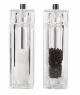 Acrylic square salt and pepper mill set with T & G mechanism, 150mm high, stylish design, gift boxed for elegance.