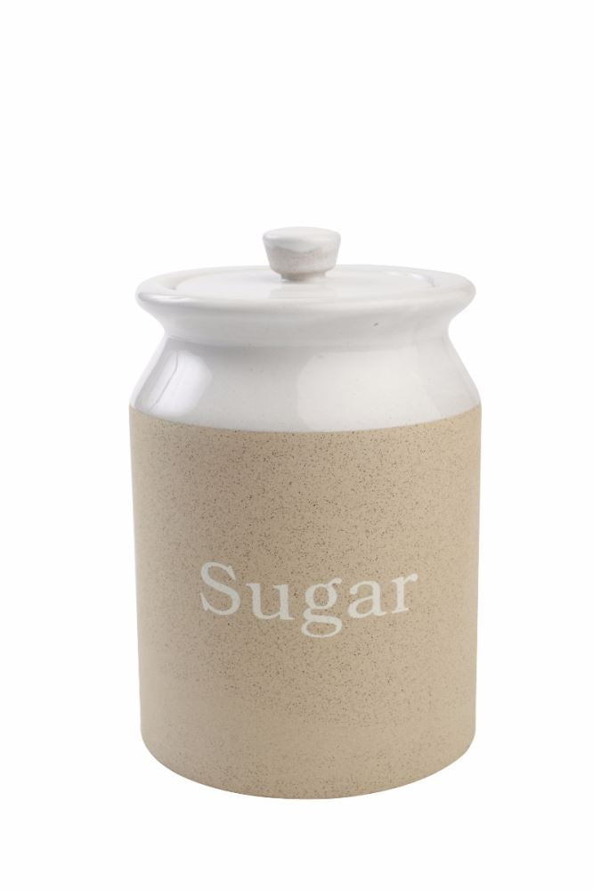 Elegant Stone White sugar jar with airtight lid, perfect for stylish kitchen organization and fresh sugar storage.