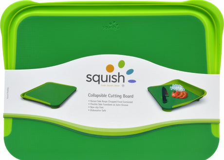 Eco-friendly green cutting board with collapsible rim for mess-free prep, non-slip base, and dishwasher safe.