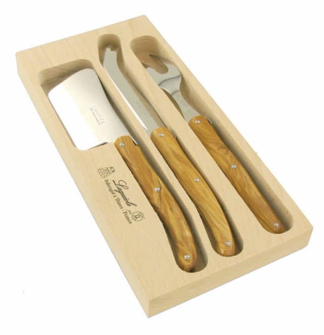 Elegant Olive Wood 3 Piece Cheese Set featuring stainless steel knives with olive wood handles, perfect for serving cheese.
