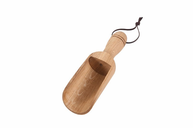 Handcrafted Large Oak Scoop measuring 200mm, perfect for serving grains and bulk ingredients with rustic charm.