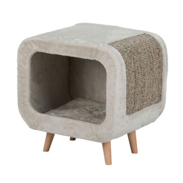 Cozy light grey cat cave with plush cover, sisal scratcher, and beechwood feet, perfect for lounging and napping.