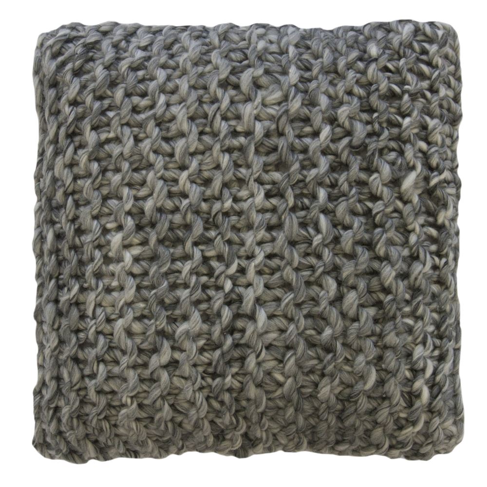 Grey melange cushion with super knit plain stitch, 45x45cm, 100% acrylic front, cotton back, polyester filling.