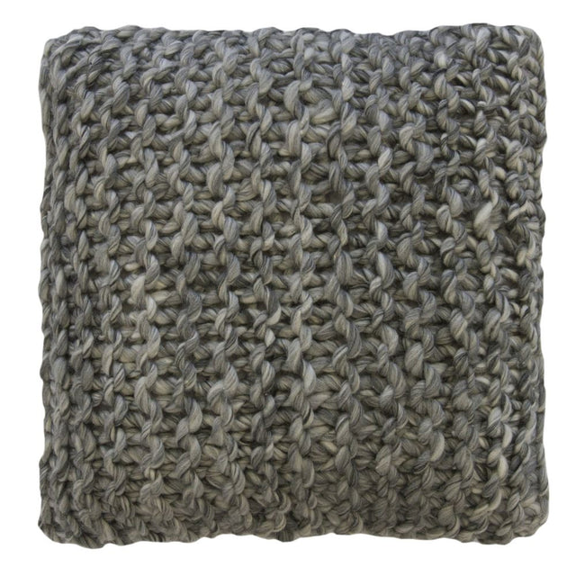 Grey melange cushion with super knit plain stitch, 45x45cm, 100% acrylic front, cotton back, polyester filling.