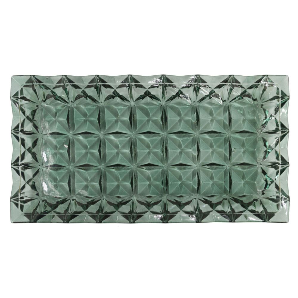 Frosted green glass tray measuring 335x175x30mm, perfect for stylish decoration or serving.