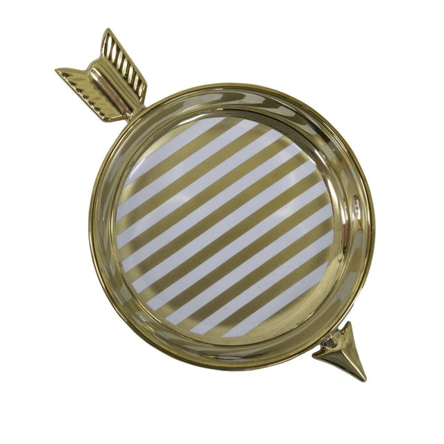 Striped ceramic ring tray in gold and white, measuring 154 x 102 x 250mm, perfect for organizing jewelry.