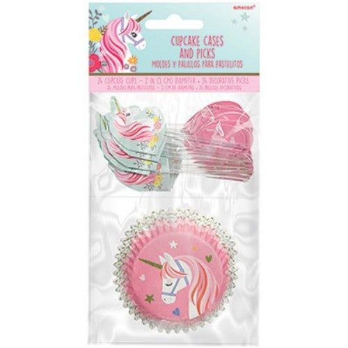 Colorful unicorn cupcake cases and picks kit, featuring 24 vibrant cases and 24 playful picks for magical celebrations.