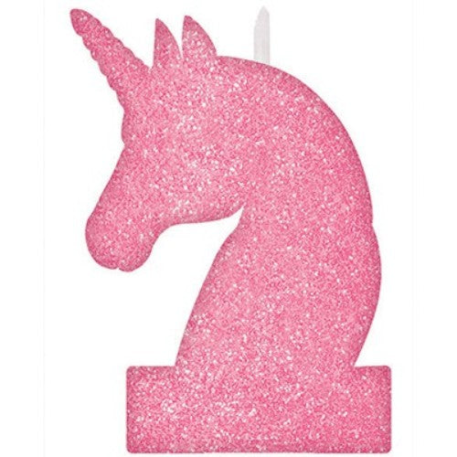 Magical Unicorn Large Candle Pink Glittered 12cm - Each