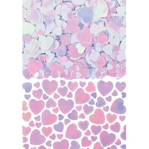 Iridescent heart-shaped confetti in assorted sizes, perfect for celebrations and creative decorations.