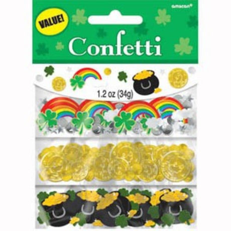 Vibrant St. Patrick's Day confetti pack with rainbows, stars, gold coins, and pots of gold with shamrocks.