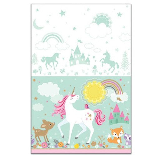 Colorful plastic unicorn tablecover measuring 137cm x 243cm, perfect for whimsical parties and protecting surfaces.