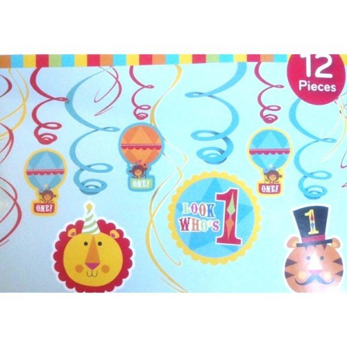 Vibrant pack of 12 hanging swirls featuring colorful cutouts, perfect for decorating a child's 1st birthday party.