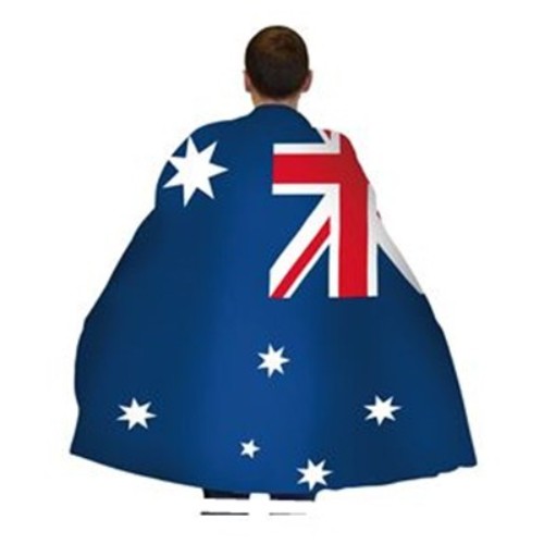 Australian flag cape, 90x150cm, durable nylon with hook & loop fastener, perfect for events and celebrations.