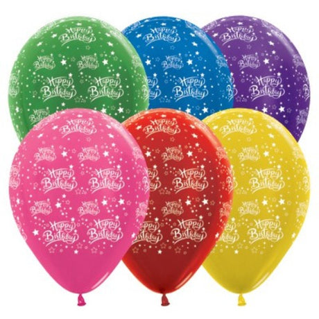 Vibrant 30cm metallic latex balloons in fuchsia, red, yellow, green, blue, and purple for festive birthday celebrations. Pack of 25.