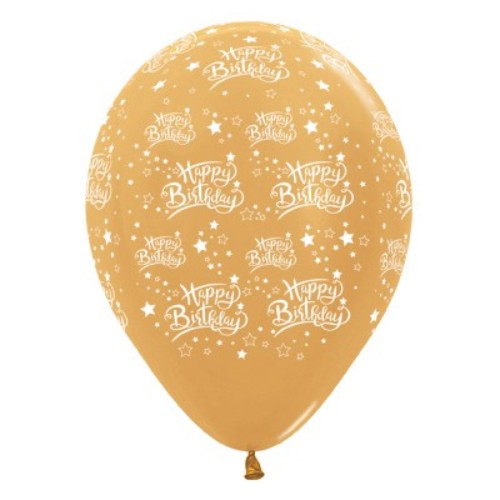 30cm gold metallic Happy Birthday star balloons in a pack of 25, perfect for festive party decorations and celebrations.