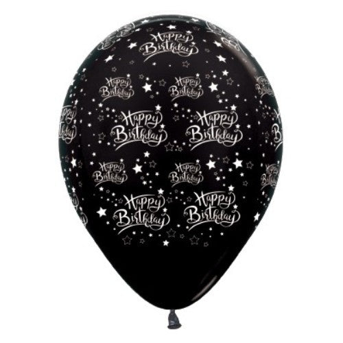 30cm black metallic birthday balloons with star prints, ideal for elegant party decorations, pack of 25.