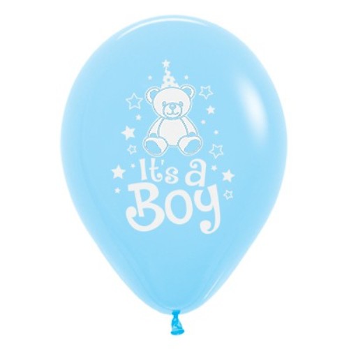 Pastel blue latex balloons featuring "It's A Boy" and teddy bear designs, perfect for baby showers and celebrations.