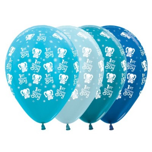 Pack of 25 metallic balloons in blue hues featuring cute elephant designs, perfect for a boy's 1st birthday celebration.