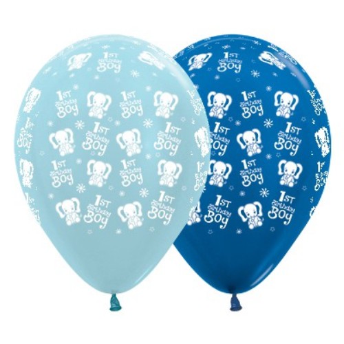 30cm blue and dark blue metallic balloons with elephant designs for 1st birthday celebrations, pack of 25.