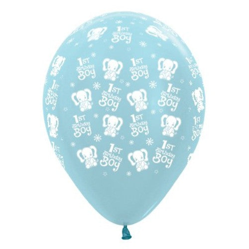 30cm blue pearl satin balloons featuring cute elephant designs, ideal for a boy’s 1st birthday celebration. Pack of 25.