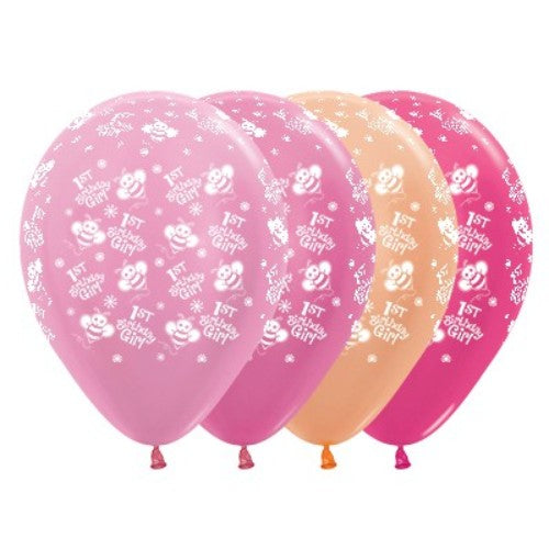 Colorful pack of 25 metallic balloons in pink hues, perfect for a 1st birthday girl bumble bee theme celebration.