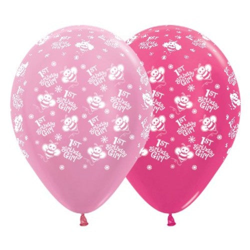 Vibrant pack of 6 pink and fuchsia bumblebee balloons for a girl's 1st birthday celebration, perfect for festive decor.