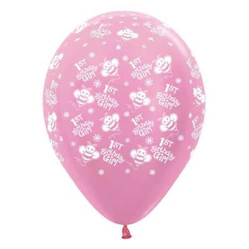 30cm pearl pink satin balloons with bumble bee designs, perfect for 1st birthday celebrations, pack of 25.