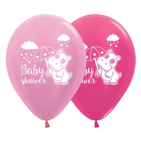 30cm pink and fuchsia metallic hippo balloons, pack of 6, perfect for baby showers and celebrations.