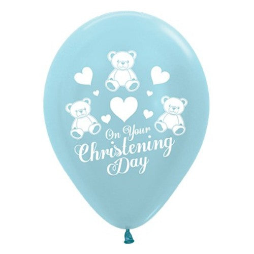 Blue satin pearl balloons, 30cm, pack of 25, perfect for elegant christening celebrations and special events.