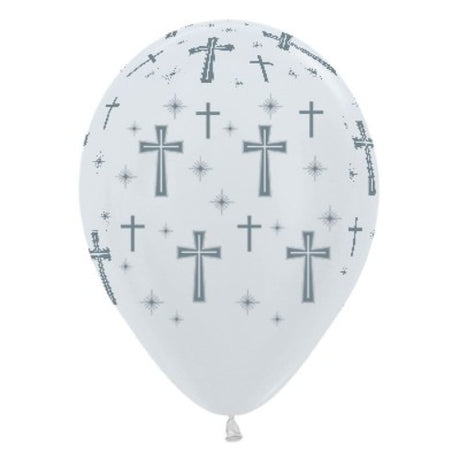 30cm pearl white balloons with silver holy cross design, perfect for celebrations and religious events, pack of 25.