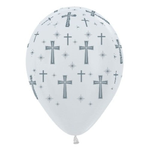 30cm pearl white balloons with silver holy cross design, perfect for celebrations and religious events, pack of 25.