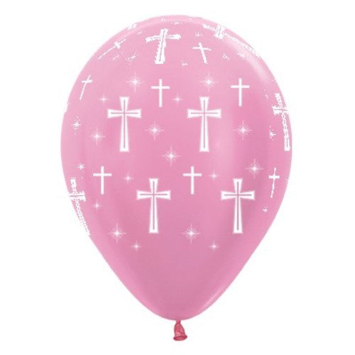 30cm pack of 25 pink satin pearl latex balloons with Holy Cross design, perfect for baptisms and religious celebrations.