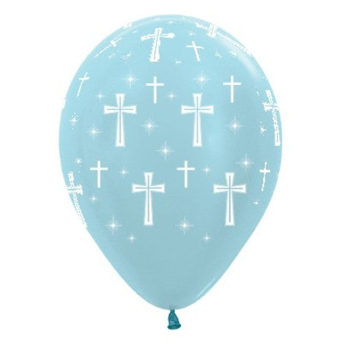 30cm Holy Cross blue satin pearl latex balloons in a pack of 25, perfect for religious celebrations and elegant décor.