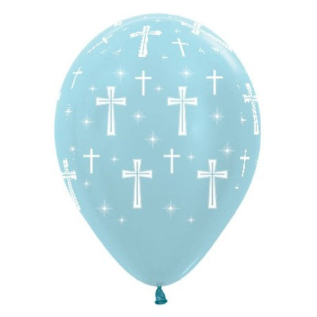 30cm Holy Cross blue satin pearl latex balloons in a pack of 25, perfect for religious celebrations and elegant décor.