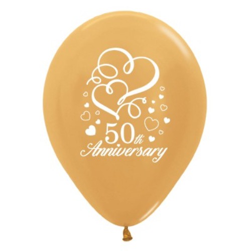 Pack of 25 gold metallic heart-shaped balloons for 50th anniversaries, perfect for elegant party decorations.