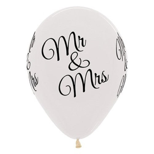 30cm crystal clear latex balloons with 'Mr' and 'Mrs' designs, perfect for weddings and celebrations, pack of 25.