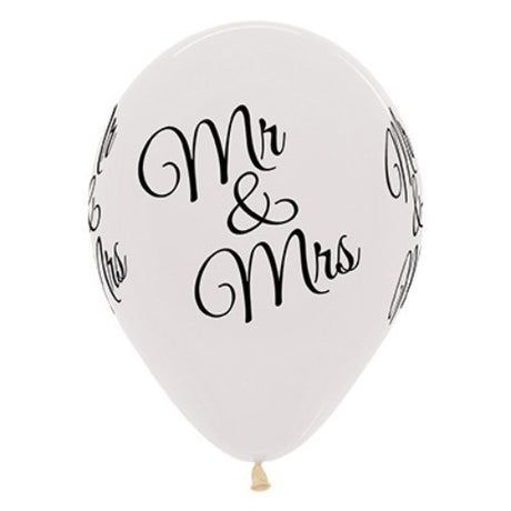 30cm crystal clear latex balloons featuring "Mr & Mrs" design, perfect for weddings and romantic celebrations, pack of 6.