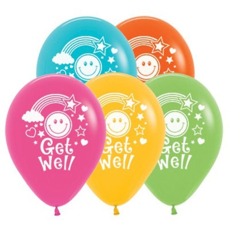 Vibrant 30cm latex balloons in cheerful colors, featuring smiley faces, perfect for 'get well soon' occasions. Pack of 25.