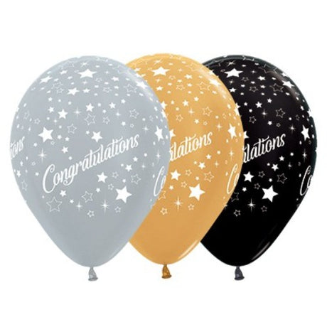 30cm pack of 25 metallic latex balloons in gold, silver, and black featuring elegant star designs for celebrations.