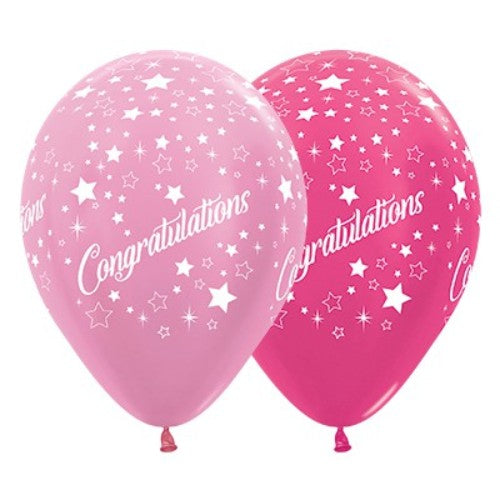 30cm pink and fuchsia metallic balloons with star faces, perfect for celebrations, in a pack of 25.