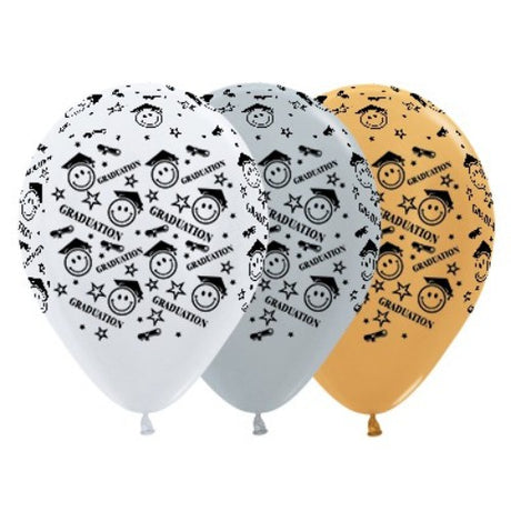 30cm pearl white, silver, and gold graduation balloons with smiley faces, perfect for festive celebrations and photo opportunities.