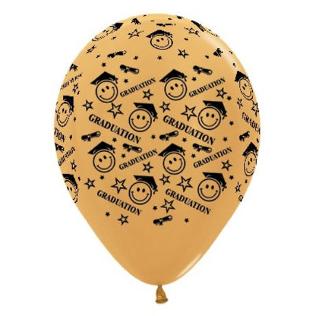 Gold metallic graduation balloons featuring cheerful smiley faces, perfect for adding sparkle to celebrations, pack of 6.