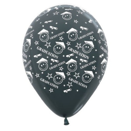 30cm graphite metallic latex balloons with smiley faces, perfect for adding joy to graduation celebrations. Pack of 6.