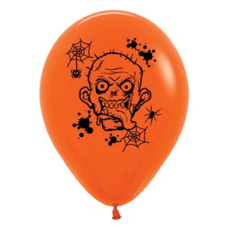 30cm orange latex balloons featuring spooky zombie designs, perfect for Halloween parties and horror-themed events. Pack of 6.