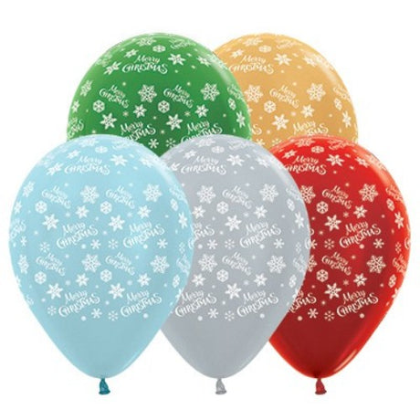 30cm metallic balloons in blue, silver, red, green, and gold, featuring snowflakes; perfect for festive Christmas celebrations.