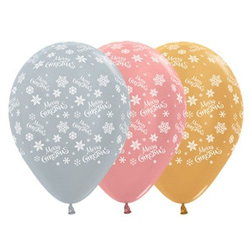 30cm metallic balloons in silver, rose gold, and gold with snowflake design, perfect for Christmas celebrations, pack of 25.